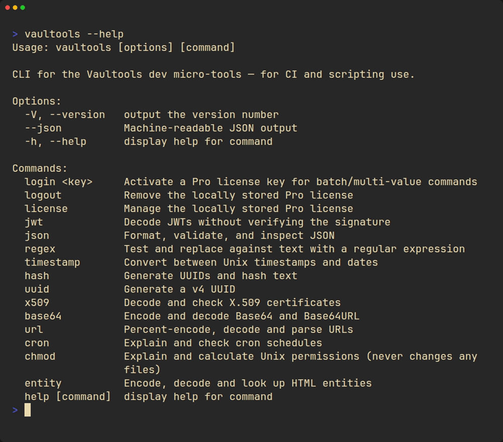 Installing the vaultools CLI globally with npm, checking its version, then viewing the full command list via --help.