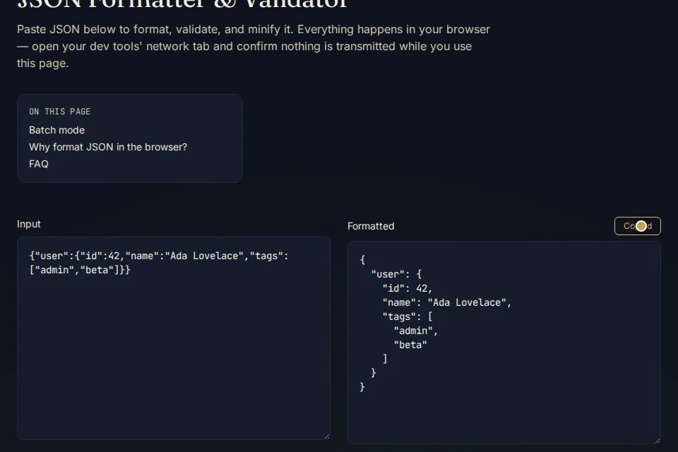 The JSON formatter showing formatted output