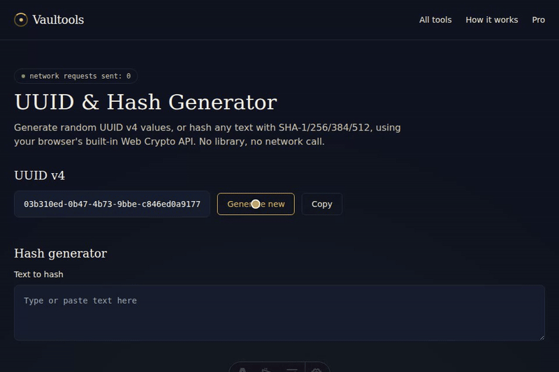 Generating new UUID v4 values, then typing text to see SHA-1/256/384/512 hashes populate.